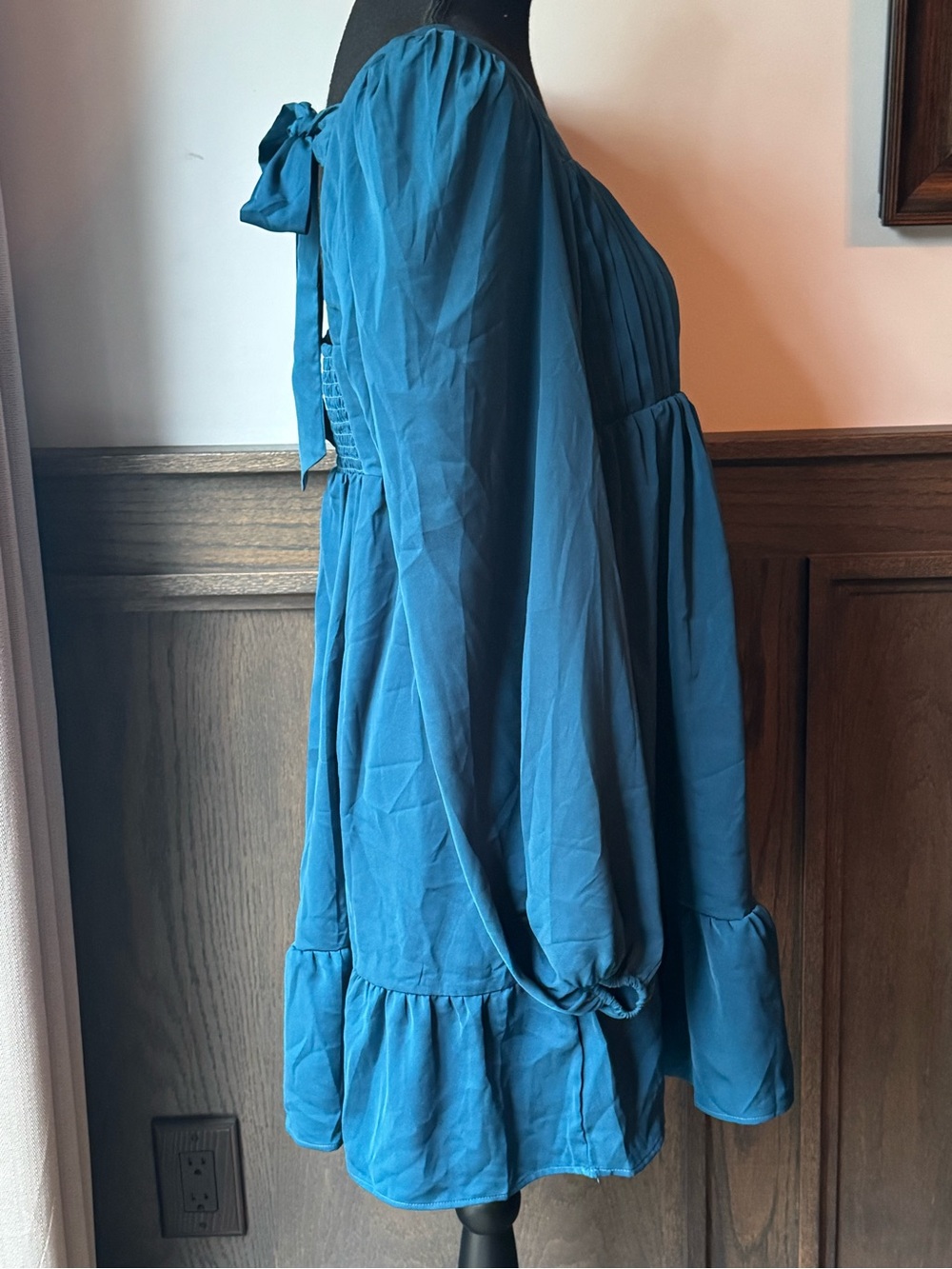 New In Teal Long-Sleeve Pleated Babydoll Dress large nwt - Picture 5 of 7